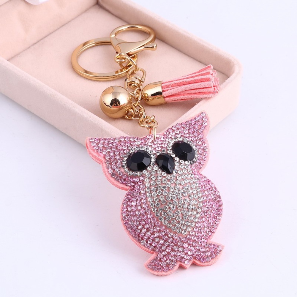 Pink Owl Rhinestone Keychain with Tassel Charm